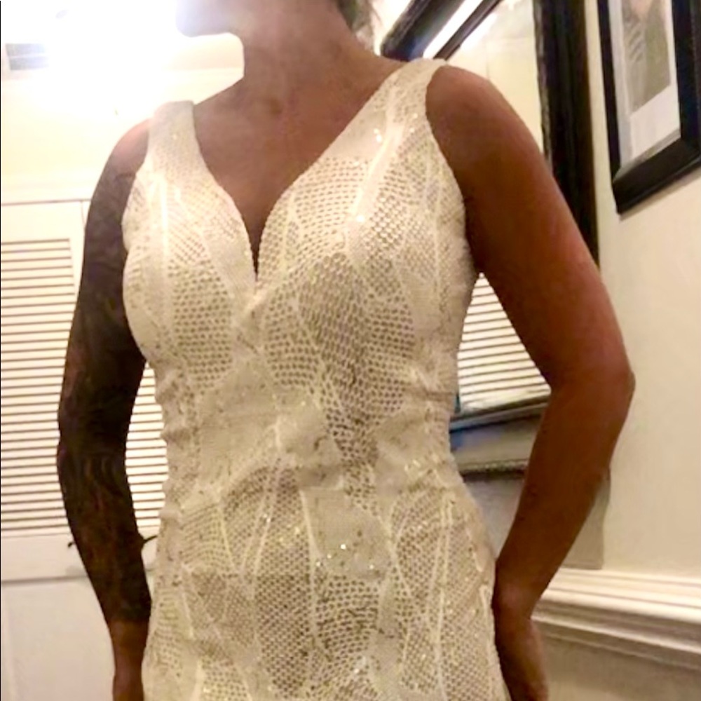 BaileyBlue floor length gown. Size 8, gold sequins over and off white material.